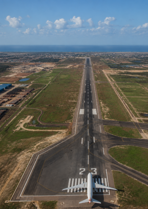 Aerial view down the runway at Shah Amanat International Airport, Chattogram, with an aircraft on the threshold
